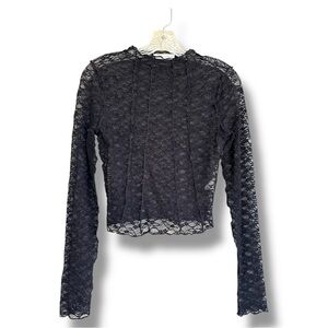 12th Tribe Black Sheer Stretch Floral Lace Long Sleeve Top Size Medium